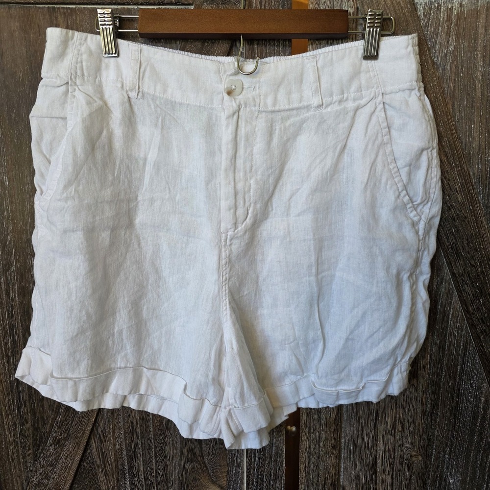 H Halston Shorts Women's Size Large White 100% Linen Pockets Cuffed 4" Inseam